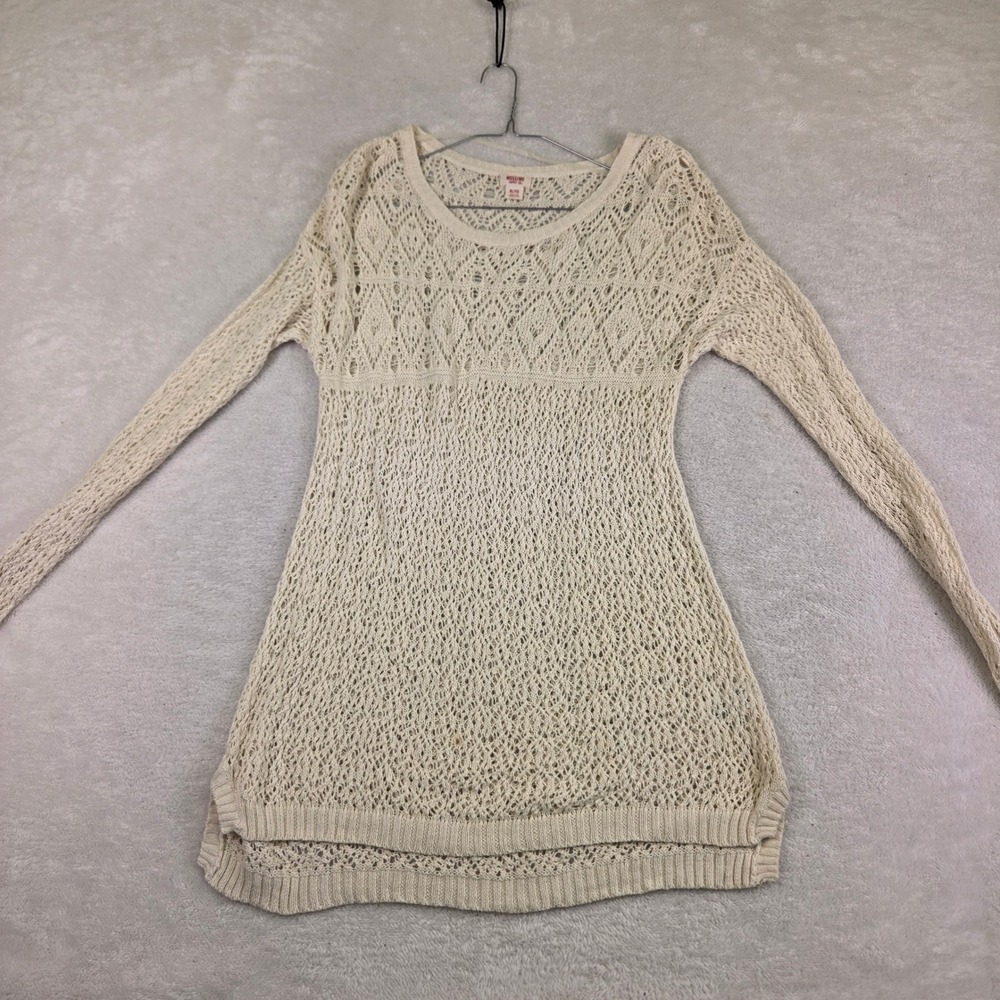 Cream Open Knit Crochet Sweater Long Sleeve Pointelle Boho Top